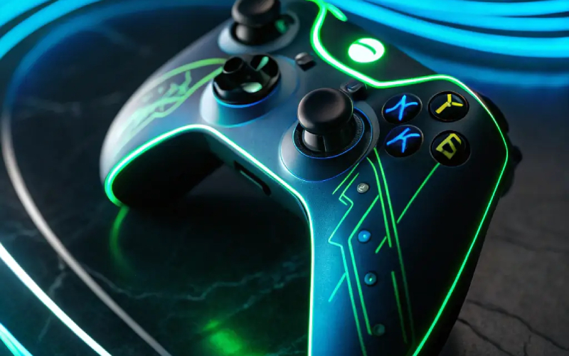 Colorful gaming controller and playful accessories displayed on a neon-lit surface.