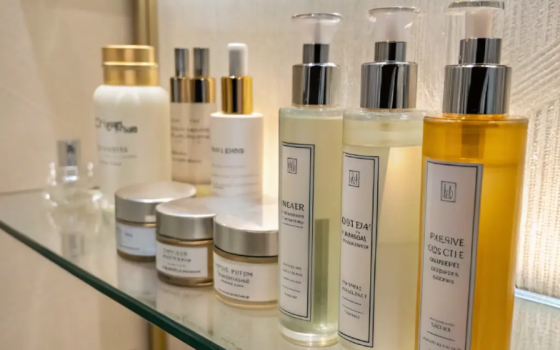 Premium skincare bottles and beauty products arranged on glass shelves.