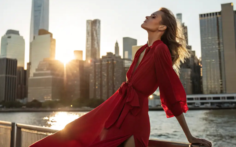 Woman in a red dress posing outdoors in city sunlight with buildings in the background.