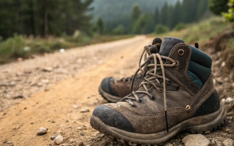 Worn hiking boots placed on a dirt trail with forest scenery in the background.