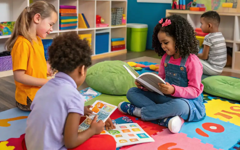 Children and baby products arranged in a colorful playroom environment.