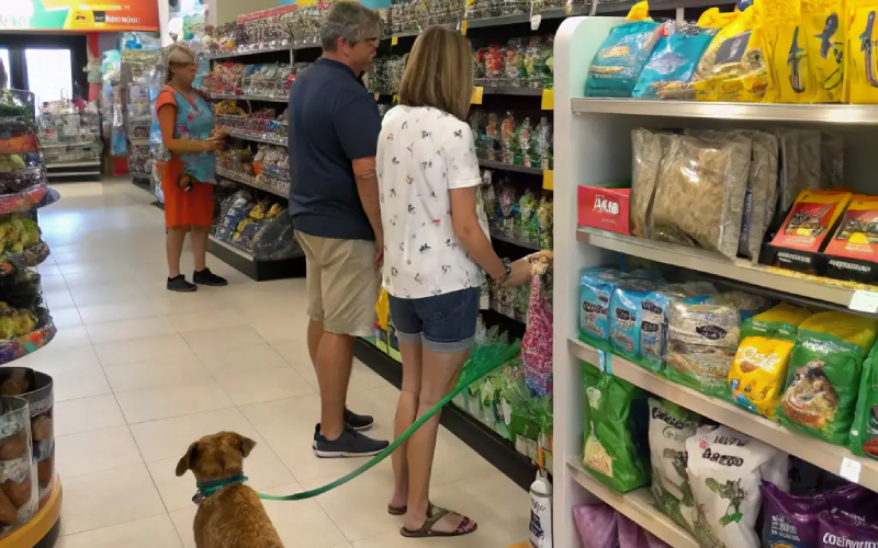 Pet food, toys, and accessories displayed in a bright pet store environment.